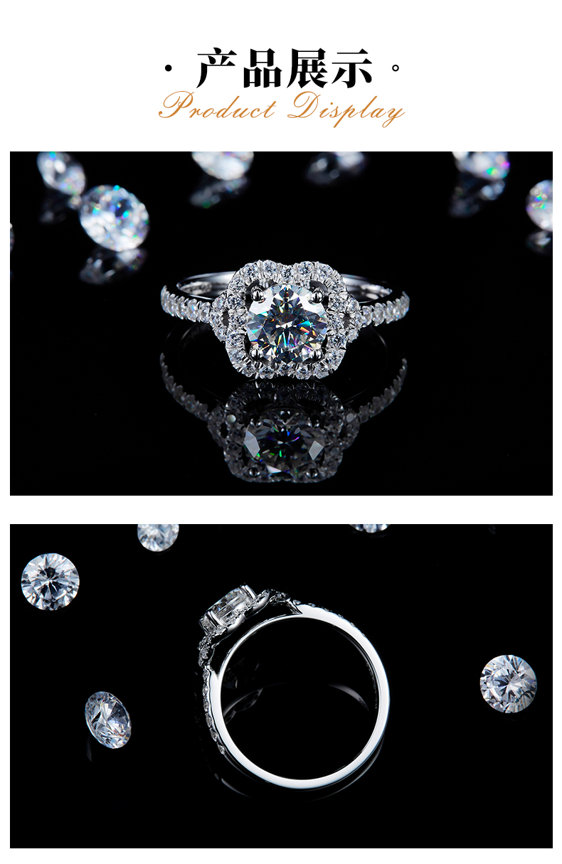 单头女戒S925银镀白金定制选款主石莫桑钻1.0ct/副石高碳钻 - 3