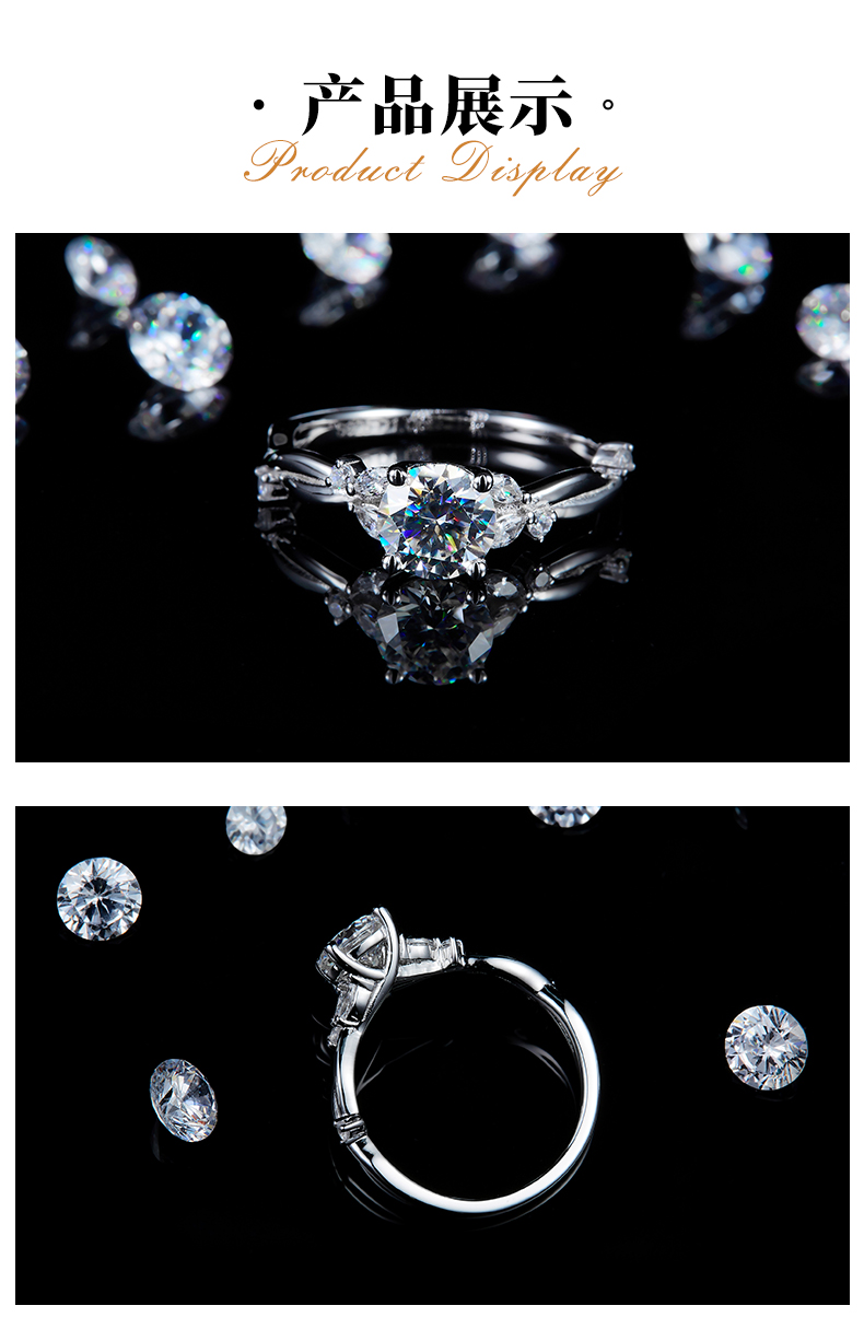 单头女戒S925银镀白金定制选款主石莫桑钻1.0ct/副石高碳钻 - 3