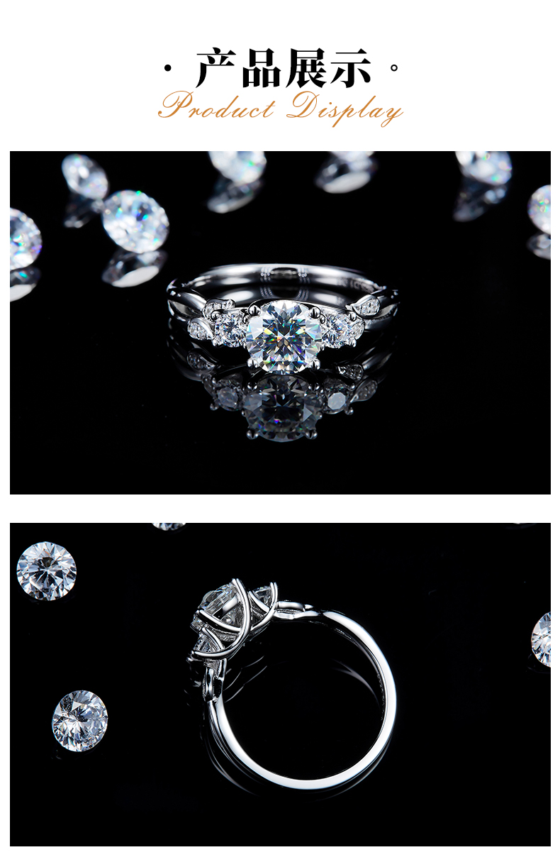 单头女戒S925银镀白金定制选款主石莫桑钻1.0ct/副石高碳钻 - 3
