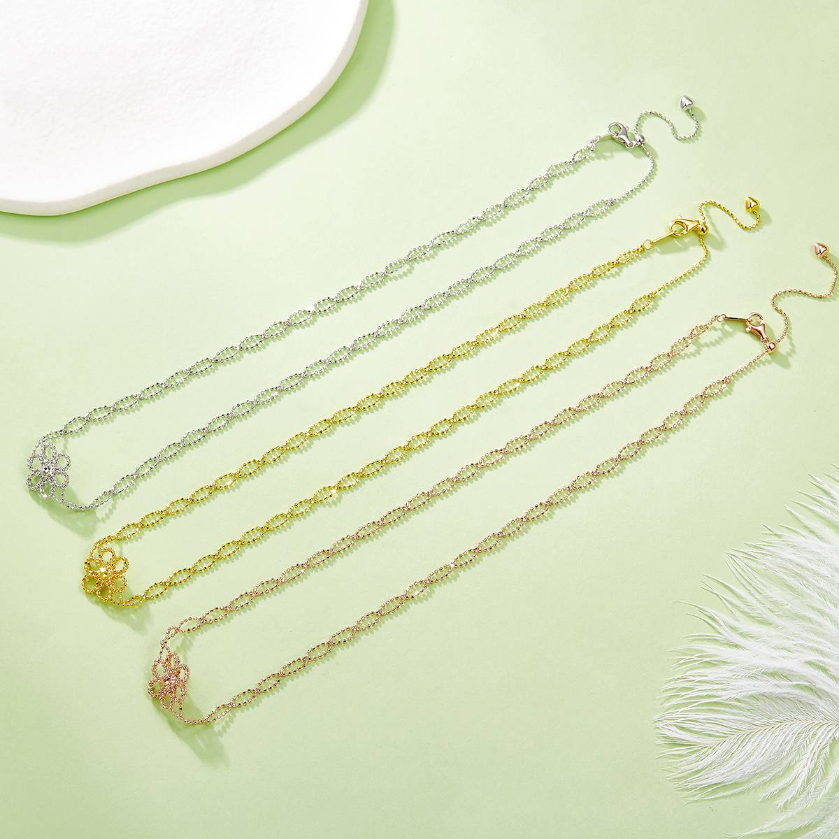 K005款S925银镀18K金意大利编织蕾丝款花朵Necklace