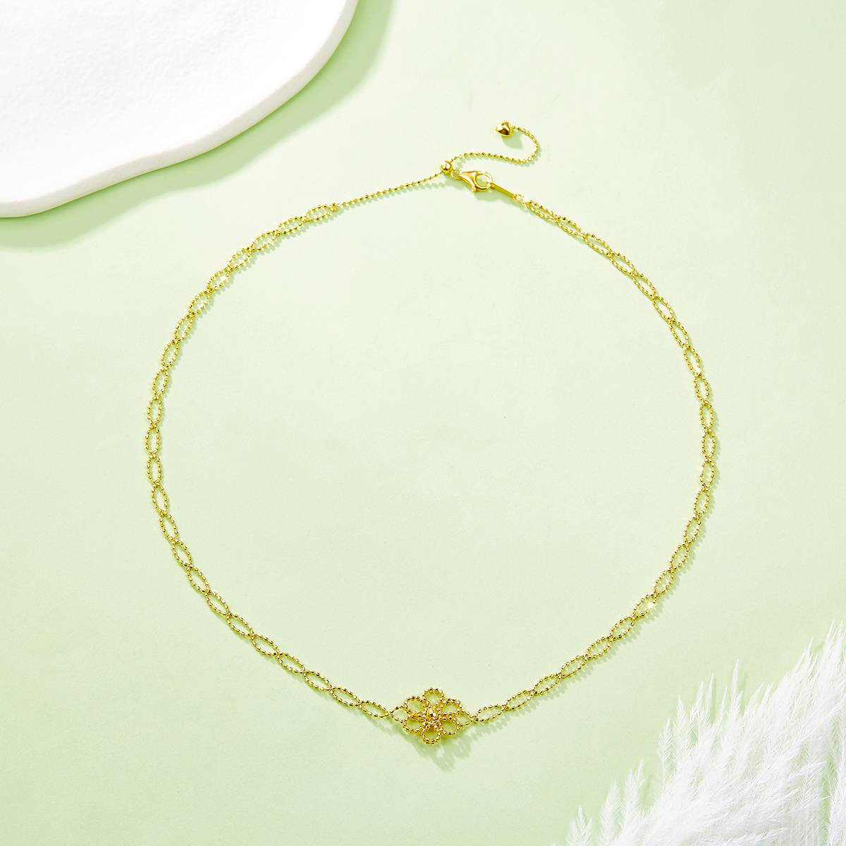 K005款S925银镀18K金意大利编织蕾丝款花朵Necklace