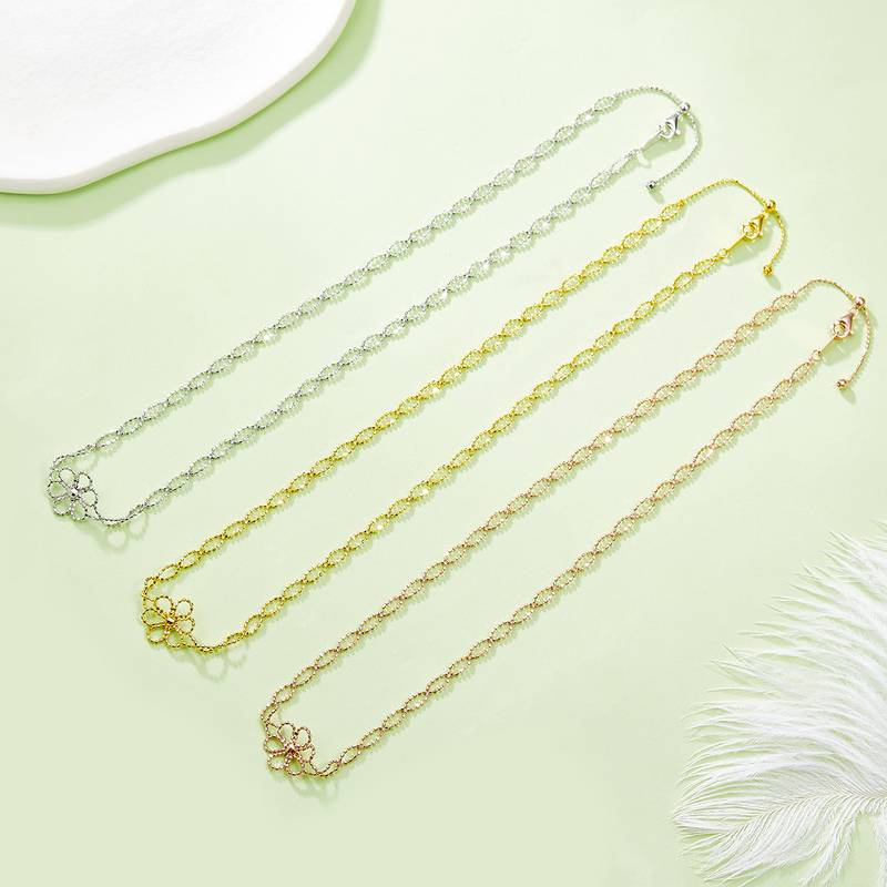 K001款S925银镀18K金意大利编织蕾丝款花朵Necklace