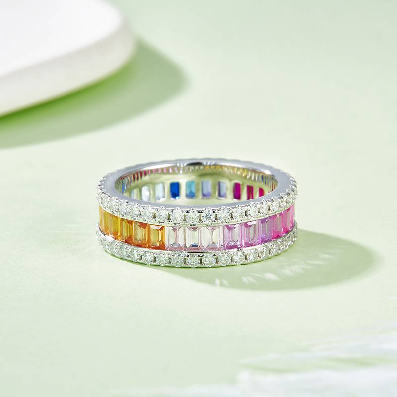 R230228007款S925银镀18K白金长方培育彩宝Moissanite彩虹Ring