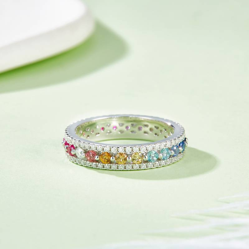 R250213018款S925银镀18K白金圆形培育彩宝Moissanite彩虹Women's Ring