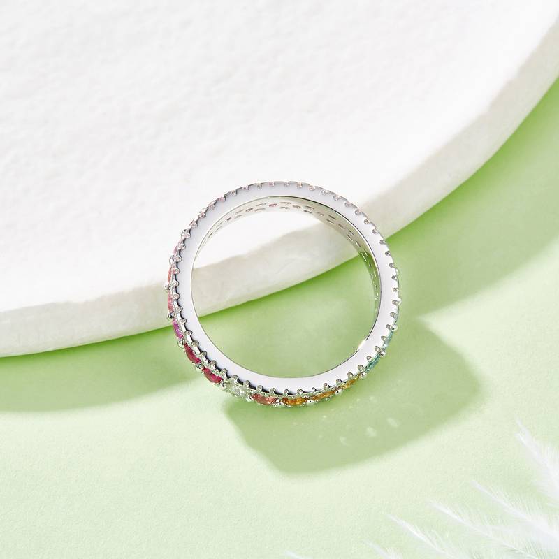 R250213018款S925银镀18K白金圆形培育彩宝Moissanite彩虹Women's Ring