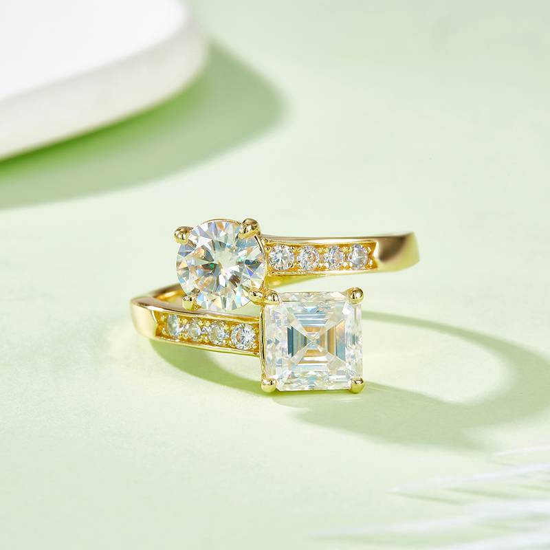 R240927026款S925银镀18K黄金阿斯切圆形双石款MoissaniteWomen's Ring3.0ct