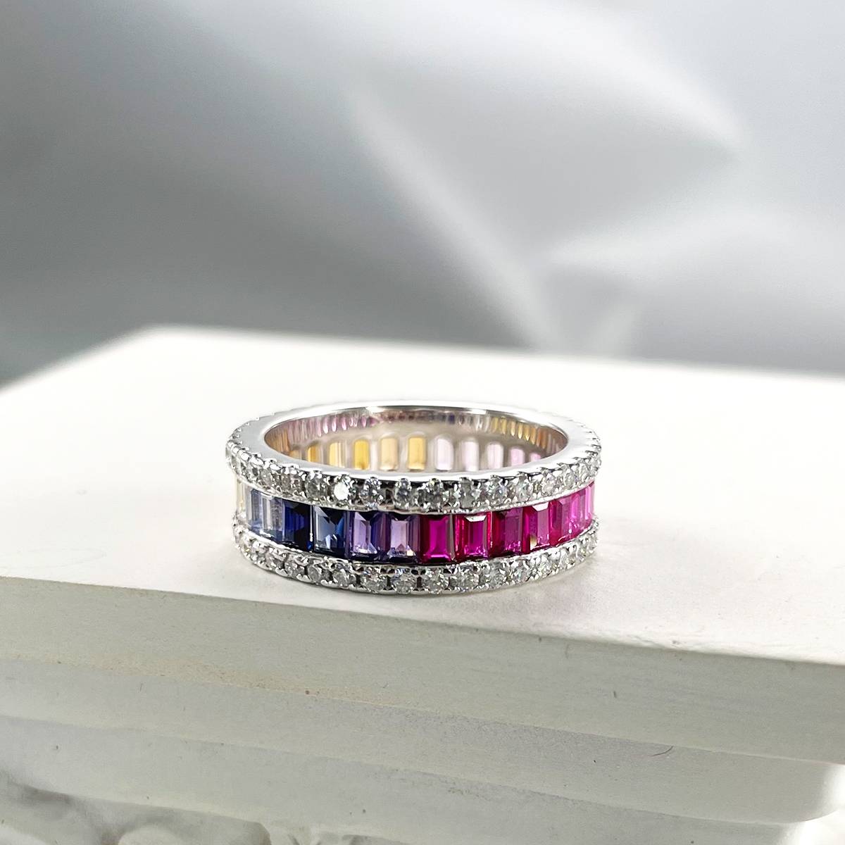 R230228007款S925银镀18K白金长方培育彩宝Moissanite彩虹Ring