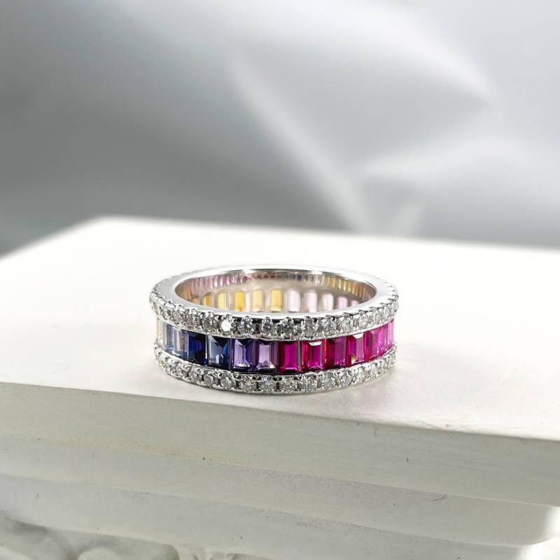 R230228007款S925银镀18K白金长方培育彩宝Moissanite彩虹Ring