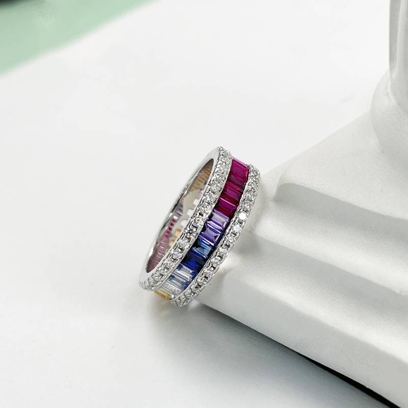 R230228007款S925银镀18K白金长方培育彩宝Moissanite彩虹Ring