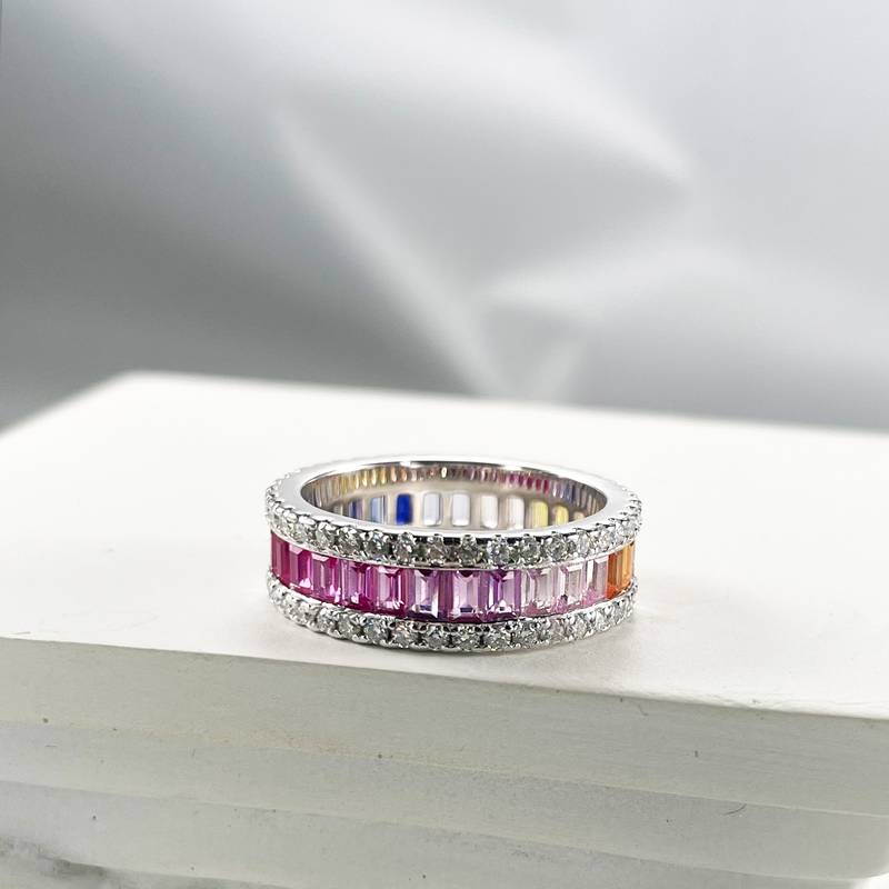 R230228007款S925银镀18K白金长方培育彩宝Moissanite彩虹Ring