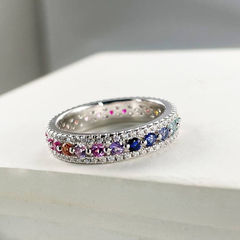 R250213018款S925银镀18K白金圆形培育彩宝Moissanite彩虹Women's Ring