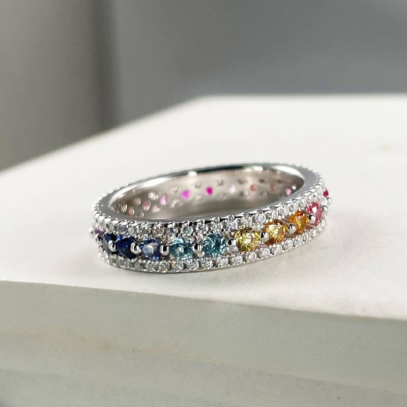 R250213018款S925银镀18K白金圆形培育彩宝Moissanite彩虹Women's Ring