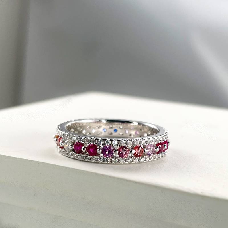 R250213018款S925银镀18K白金圆形培育彩宝Moissanite彩虹Women's Ring