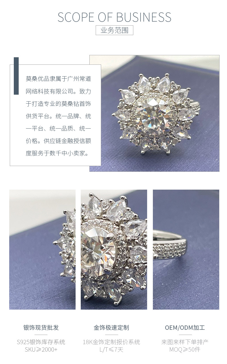 R230201020款S925银镀18K白金圆形莫桑钻豪镶女戒主石2.0ct/8.0mm - 3