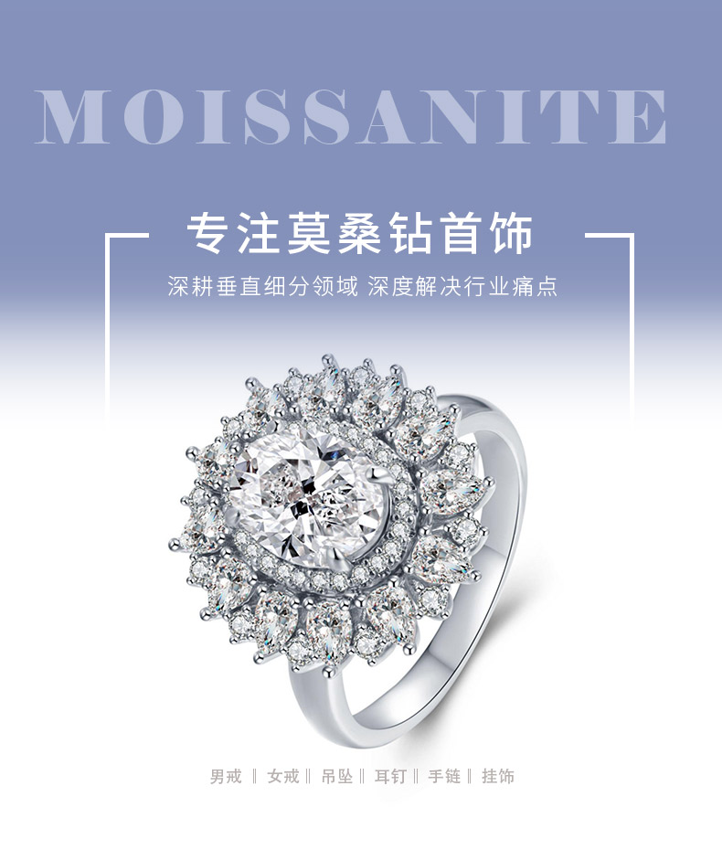 R230203029款S925银镀18K白金蛋形莫桑钻豪镶女戒主石2.0ct/9*7mm - 1