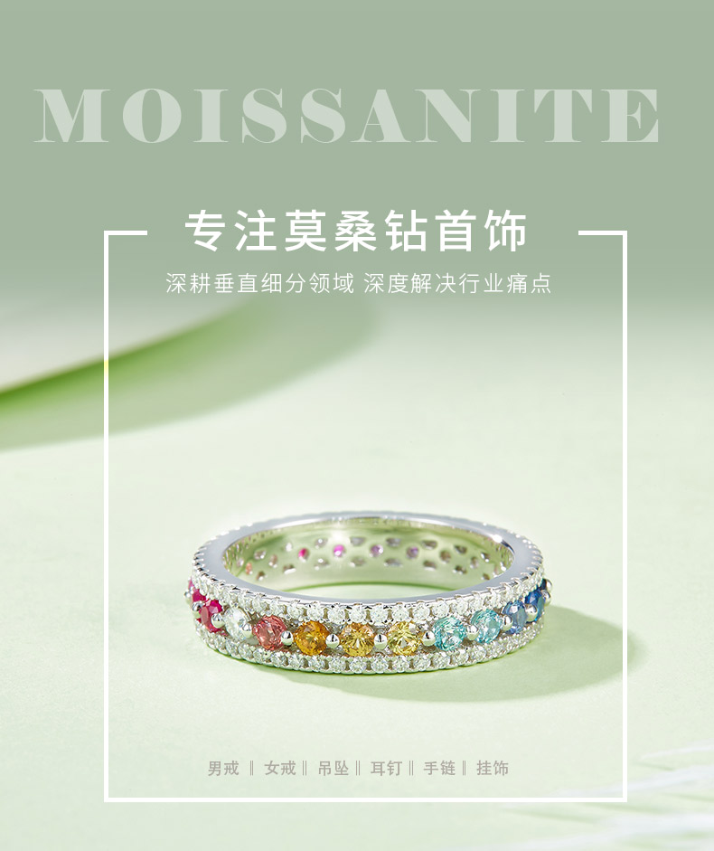 R250213018款S925银镀18K白金圆形培育彩宝莫桑钻彩虹女戒 - 1
