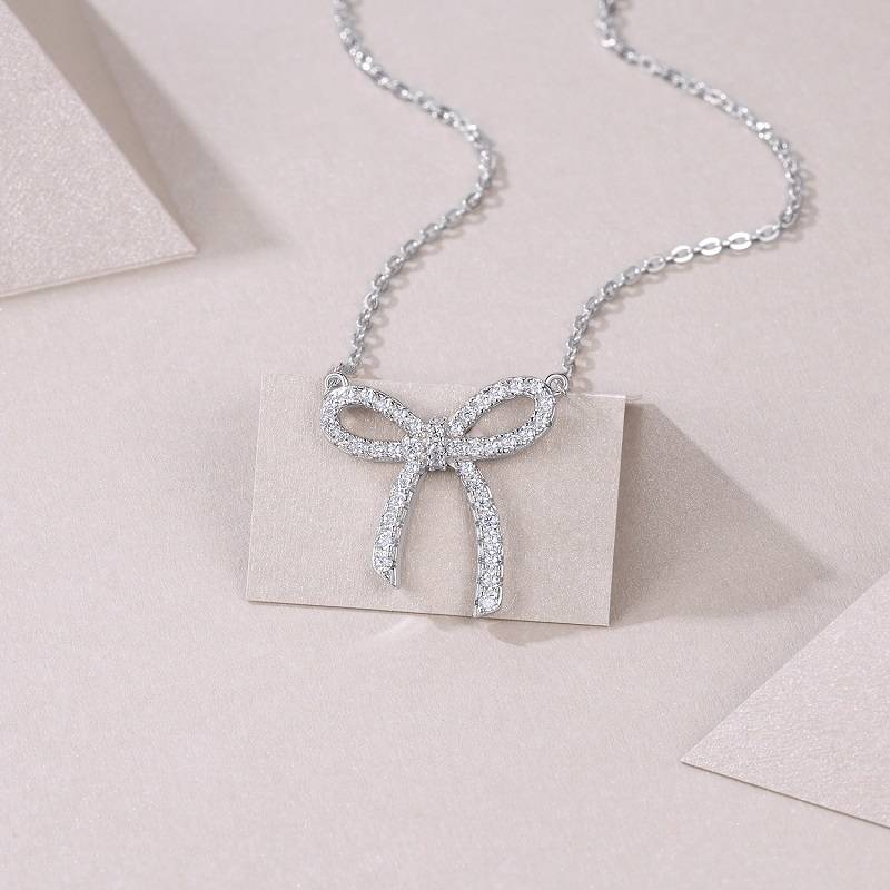 N15431款S925银镀18K白金蝴蝶结MoissaniteNecklace0.39ct