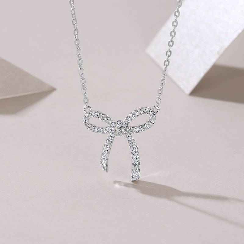 N15431款S925银镀18K白金蝴蝶结MoissaniteNecklace0.39ct