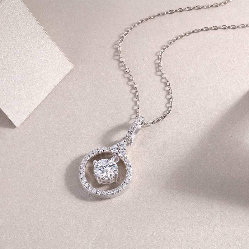 P13587-6.5款S925银镀18K白金Moissanite圆形吊款Necklace1.0ct