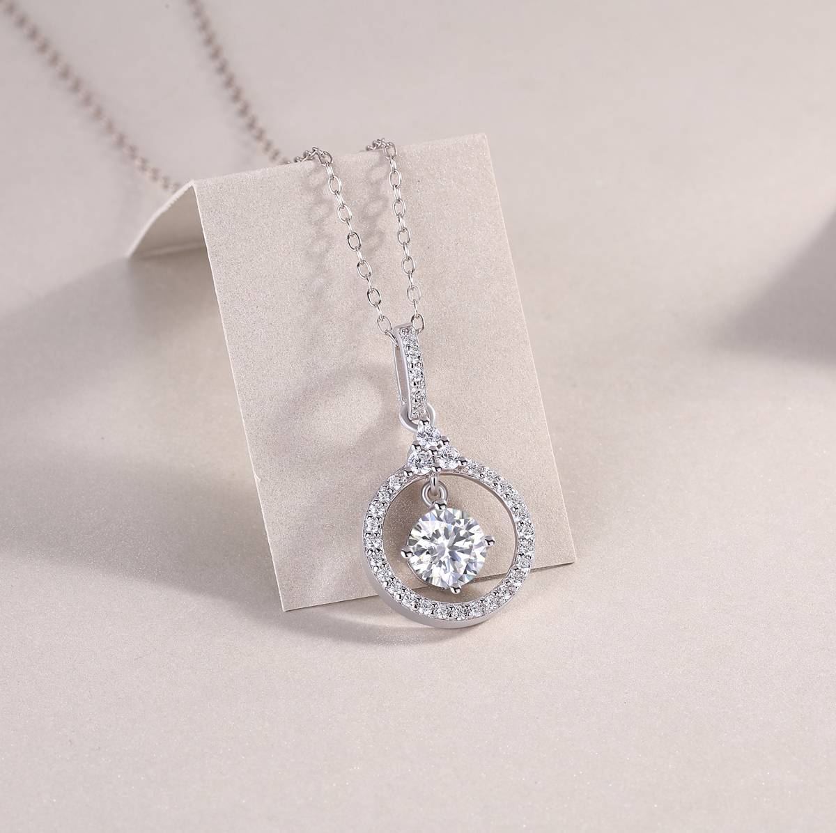 P13587-6.5款S925银镀18K白金莫桑钻圆形吊款项链1.0ct