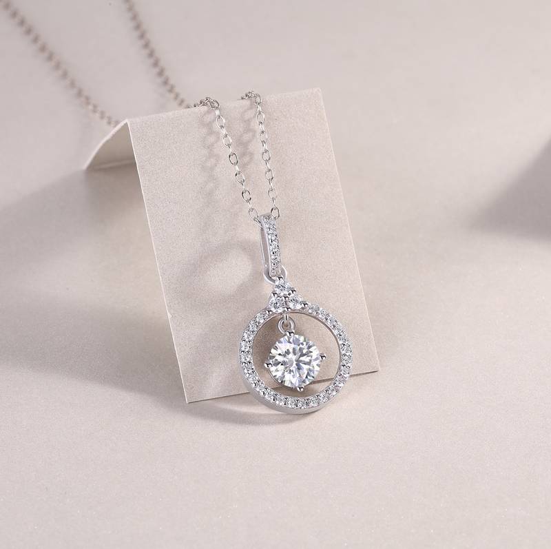 P13587-6.5款S925银镀18K白金Moissanite圆形吊款Necklace1.0ct
