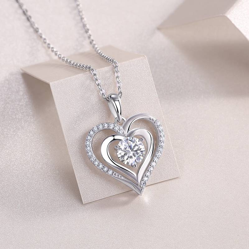 P13605-6.5款S925银镀18K白金圆形Moissanite双心Necklace1.0ct