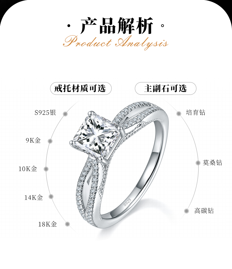阿斯切女戒S925银镀白金定制选款主石莫桑钻1.0ct/副石高碳钻 - 2