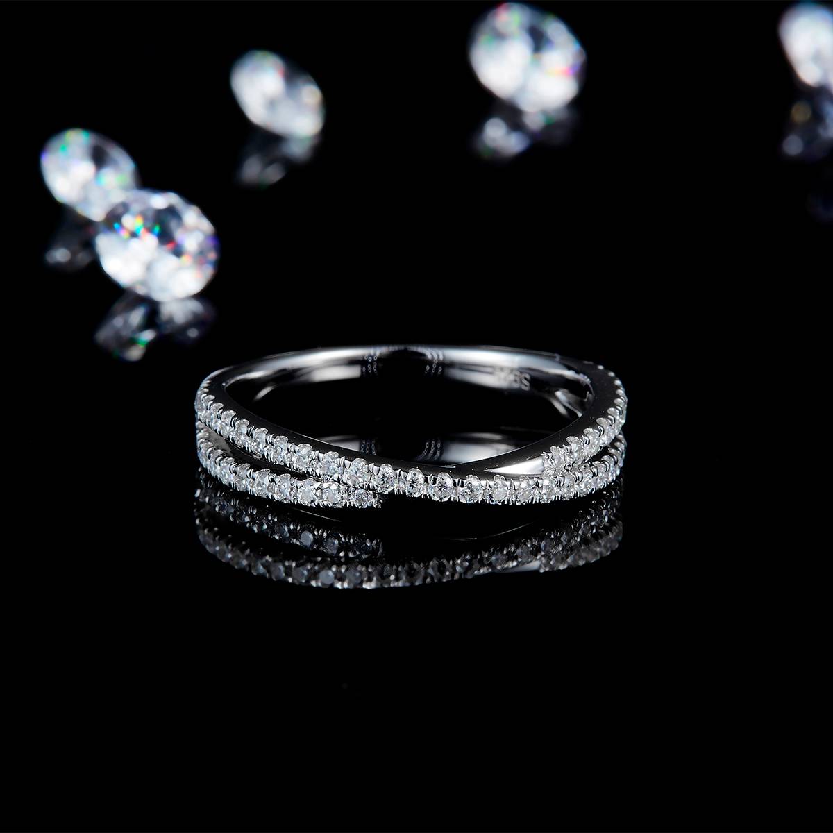 Cross line micro inlaid ring S925 silver plated platinum customized option Side Stone Moissanite 0.41ct