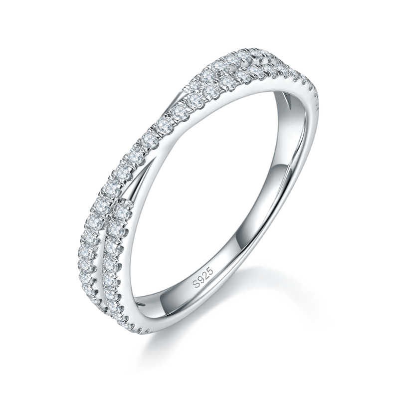 交叉线条微镶排戒S925银镀白金定制选款副石Moissanite0.41ct