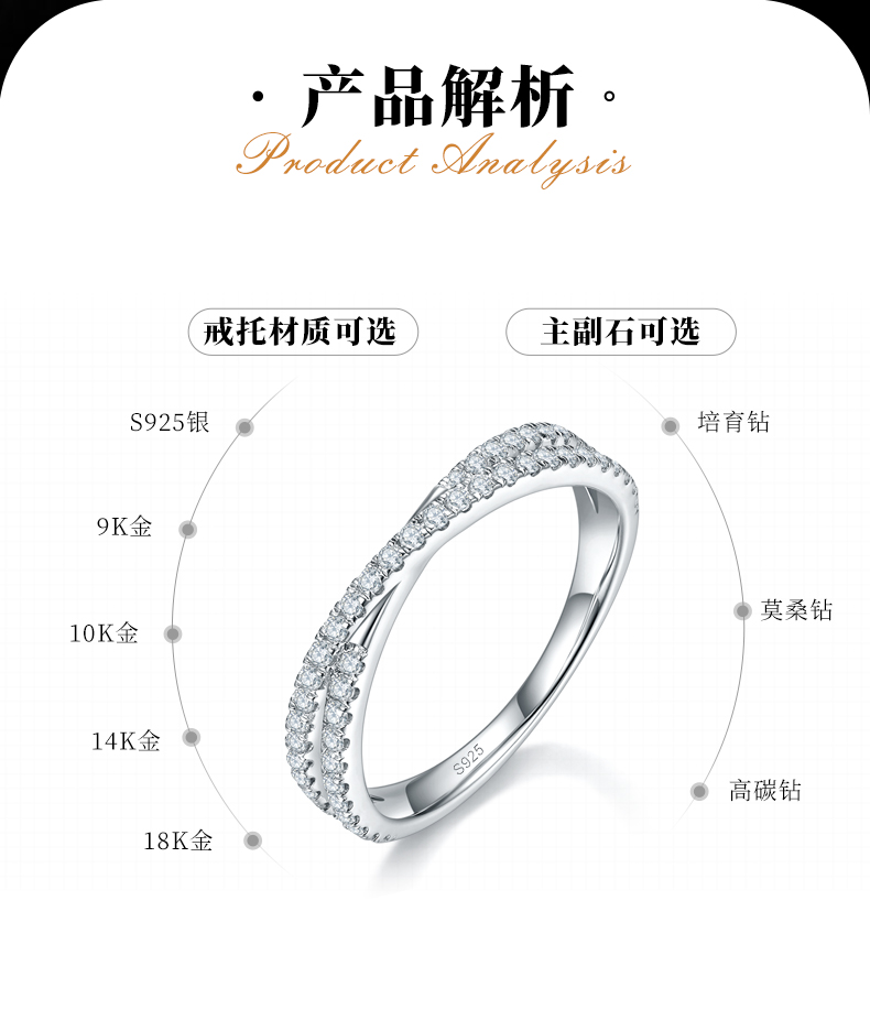 交叉线条微镶排戒S925银镀白金定制选款副石莫桑钻0.41ct - 2