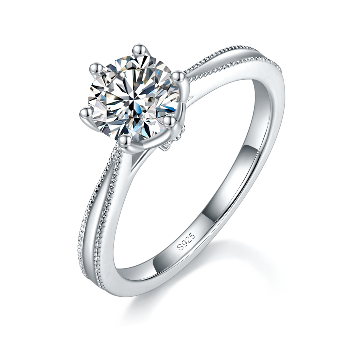 Beaded Six Claw Round Diamond Women's Ring S925 Silver Plated Platinum Customized Selection Main Stone Moissanite 1.0ct/Side Stone Cubic Zirconia
