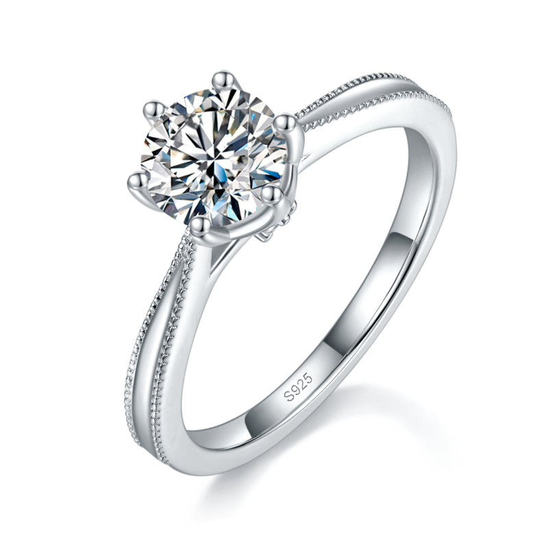 珠边六爪圆钻Women's RingS925银镀白金定制选款主石Moissanite1.0ct/副石高碳钻