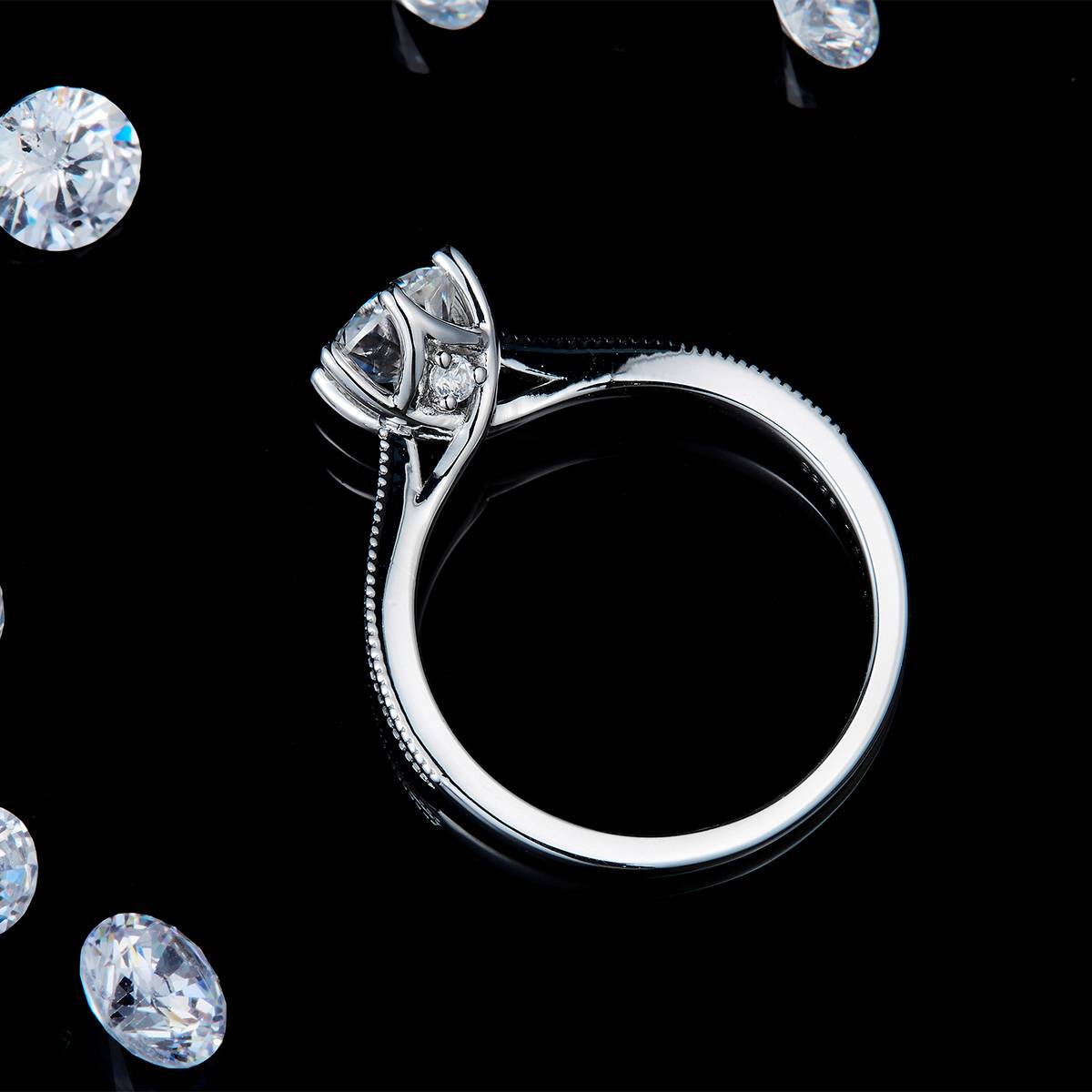 Beaded Six Claw Round Diamond Women's Ring S925 Silver Plated Platinum Customized Selection Main Stone Moissanite 1.0ct/Side Stone Cubic Zirconia