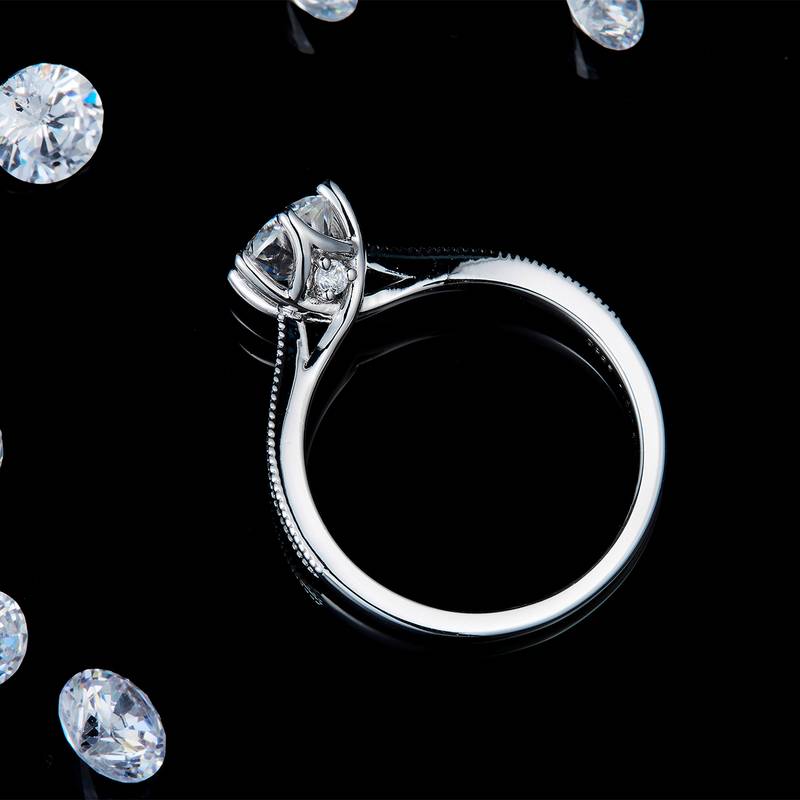 珠边六爪圆钻Women's RingS925银镀白金定制选款主石Moissanite1.0ct/副石高碳钻