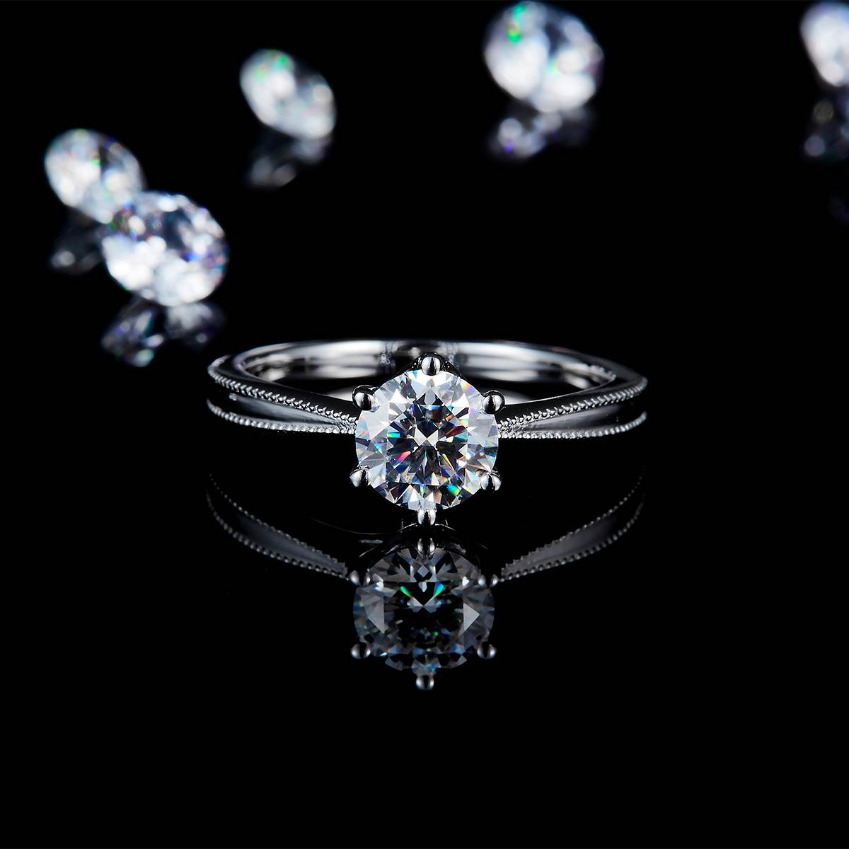 Beaded Six Claw Round Diamond Women's Ring S925 Silver Plated Platinum Customized Selection Main Stone Moissanite 1.0ct/Side Stone Cubic Zirconia