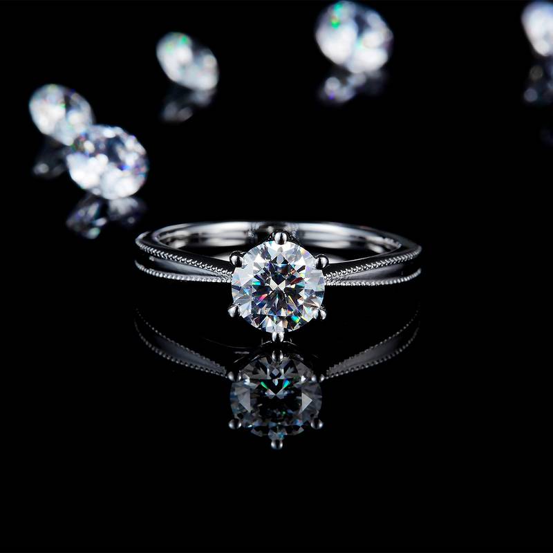 珠边六爪圆钻Women's RingS925银镀白金定制选款主石Moissanite1.0ct/副石高碳钻