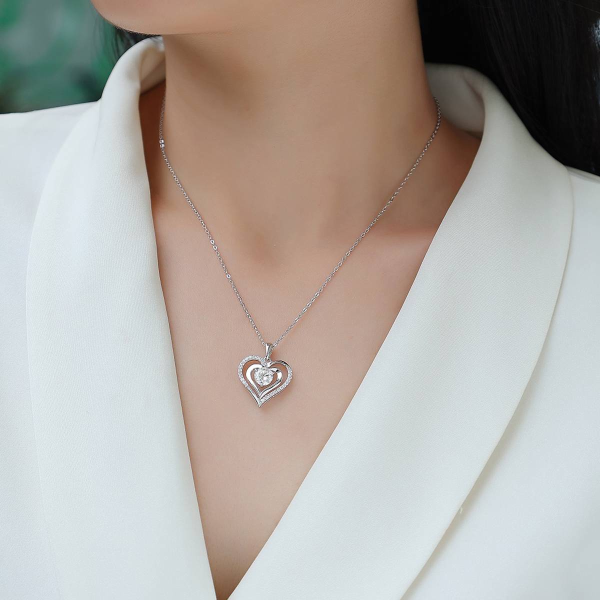 P13605-6.5款S925银镀18K白金圆形Moissanite双心Necklace1.0ct