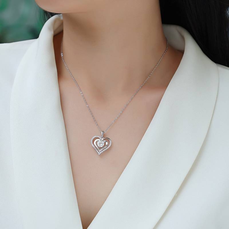 P13605-6.5款S925银镀18K白金圆形Moissanite双心Necklace1.0ct