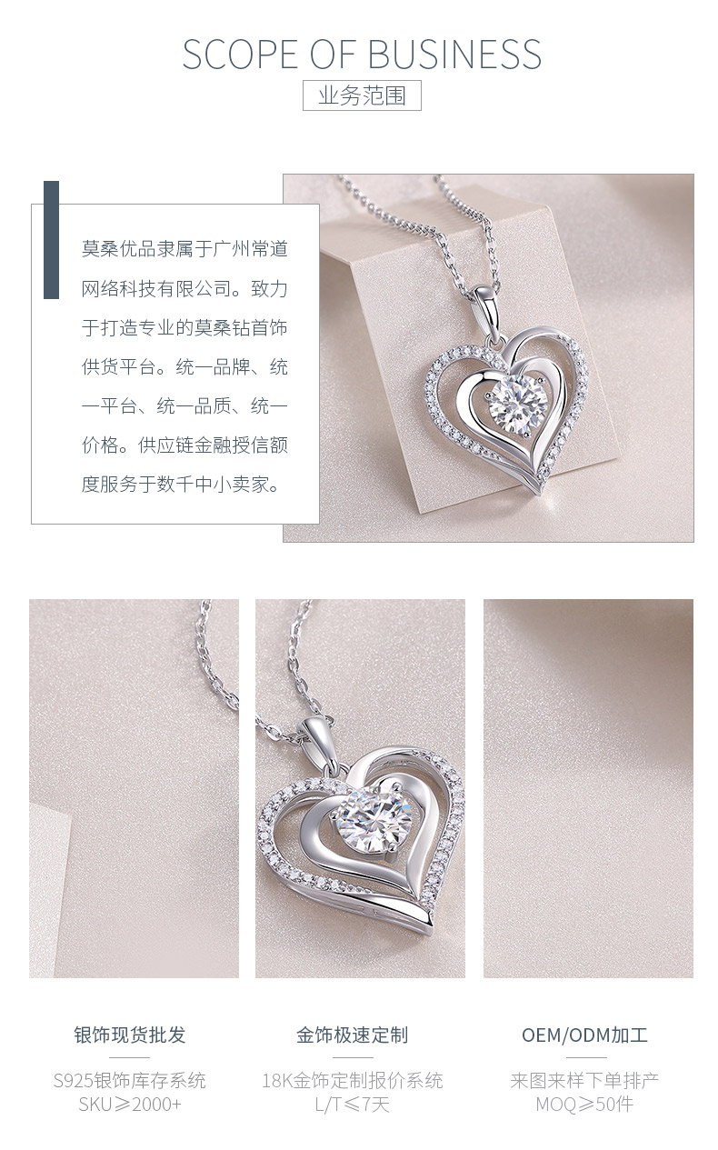 P13605-6.5款S925银镀18K白金圆形莫桑钻双心项链1.0ct - 3