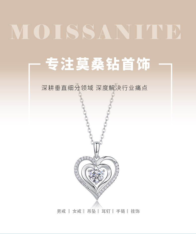 P13605-6.5款S925银镀18K白金圆形莫桑钻双心项链1.0ct - 1