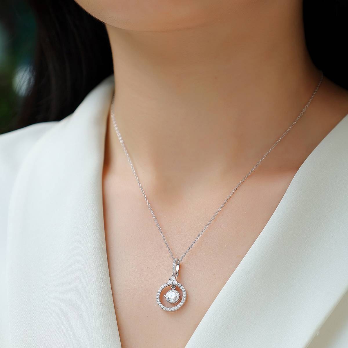 P13587-6.5款S925银镀18K白金莫桑钻圆形吊款项链1.0ct