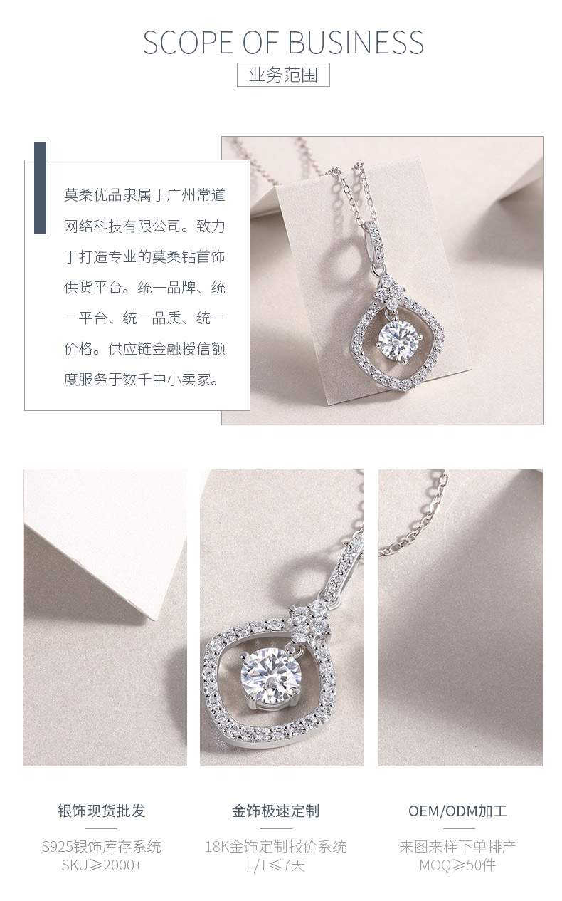 P13586-6.5款S925银镀18K白金莫桑钻方形吊款项链1.0ct - 3