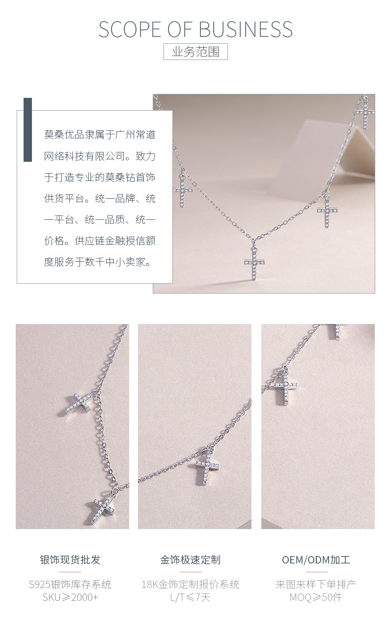 N13681款S925银镀18K白金十字架莫桑钻项链0.39ct - 3