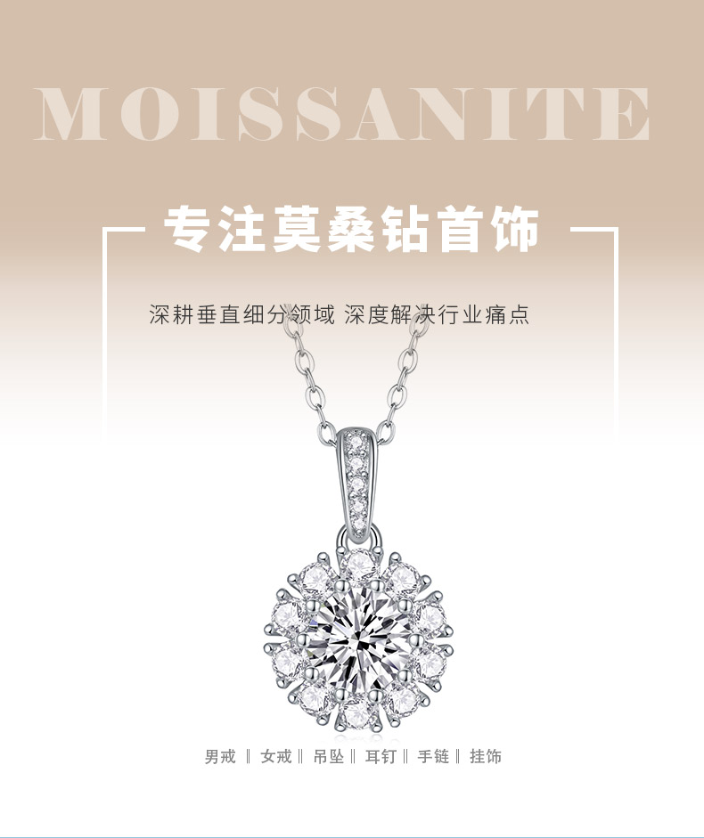 P13529-6.5款S925银镀18K白金莫桑钻绽放光芒项链1.0ct - 1
