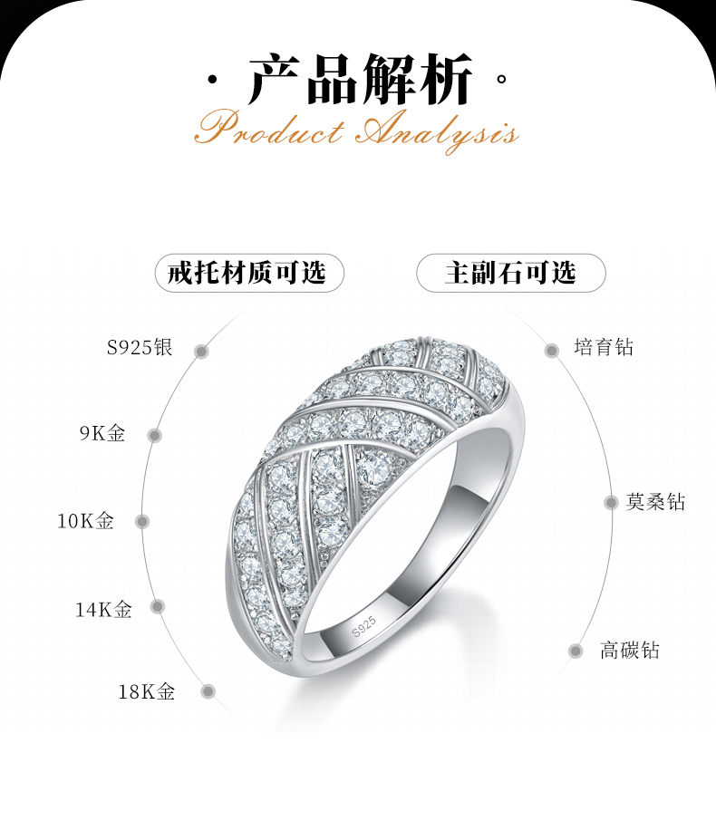 轻奢满钻排戒S925银镀白金定制选款副石莫桑钻1.04ct - 2