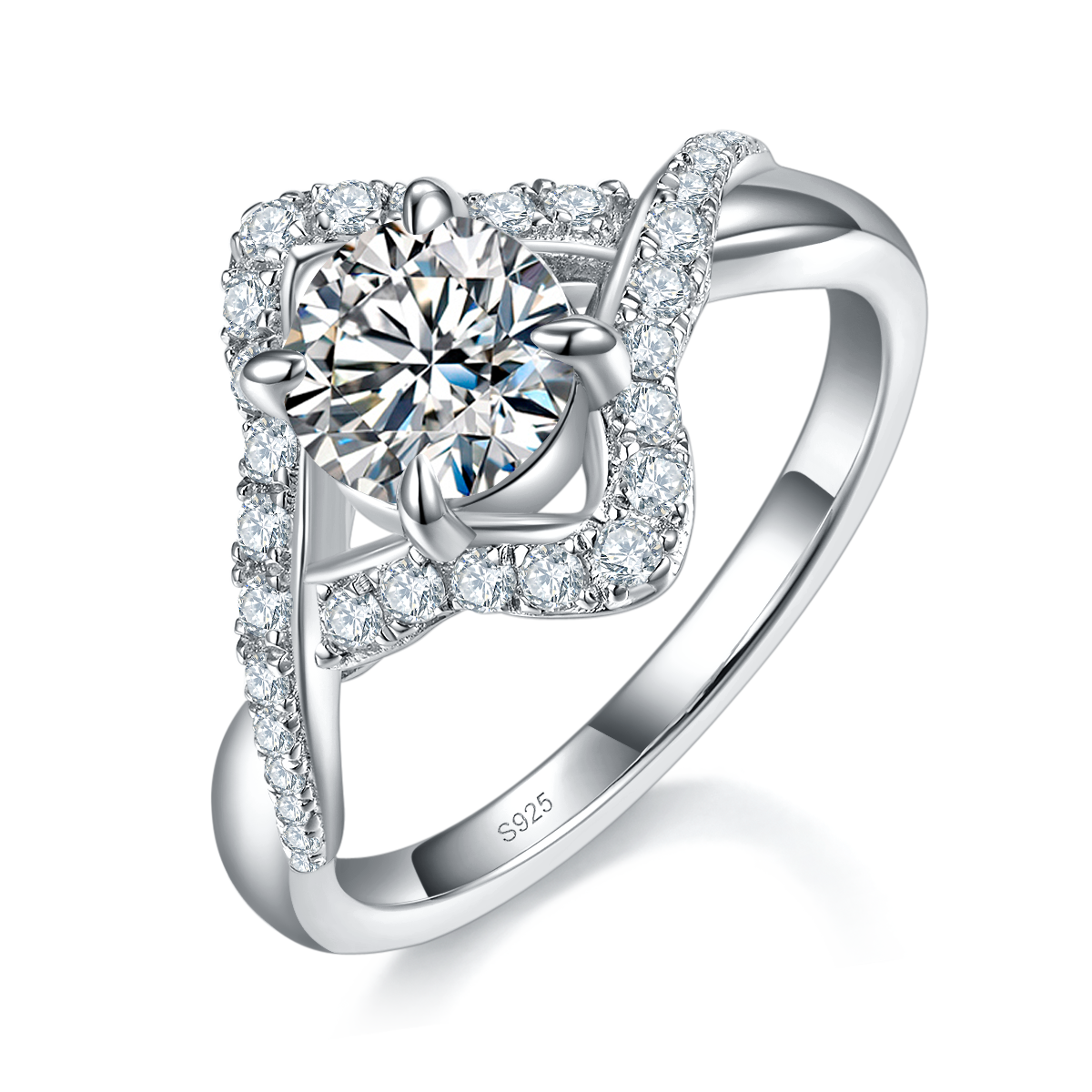 Twisted arm four leaf clover women's ring S925 silver plated platinum custom selection main stone Moissanite 1.0ct/Side Stone Cubic Zirconia