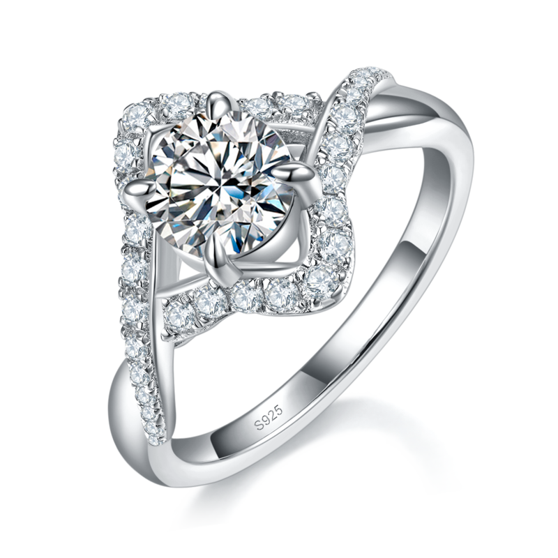 扭臂四叶草Women's RingS925银镀白金定制选款主石Moissanite1.0ct/副石高碳钻