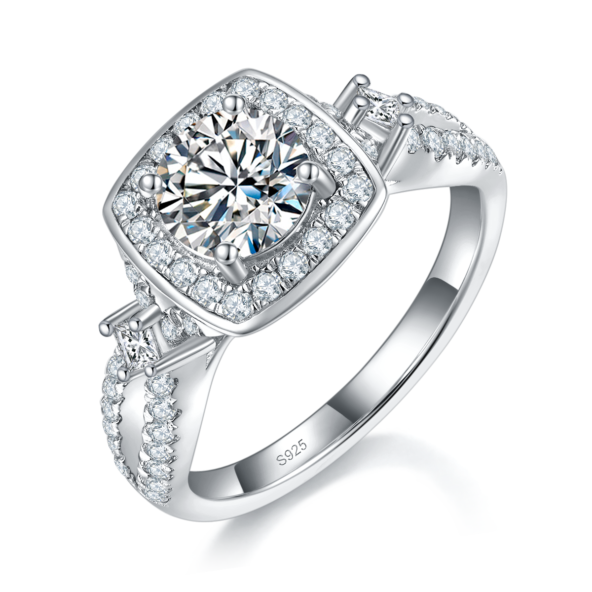 轻奢双臂方包女戒S925银镀白金定制选款主石莫桑钻1.0ct/副石高碳钻