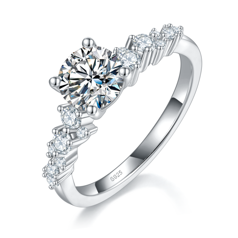 满钻微镶四爪女戒S925银镀白金定制选款主石莫桑钻1.0ct/副石高碳钻