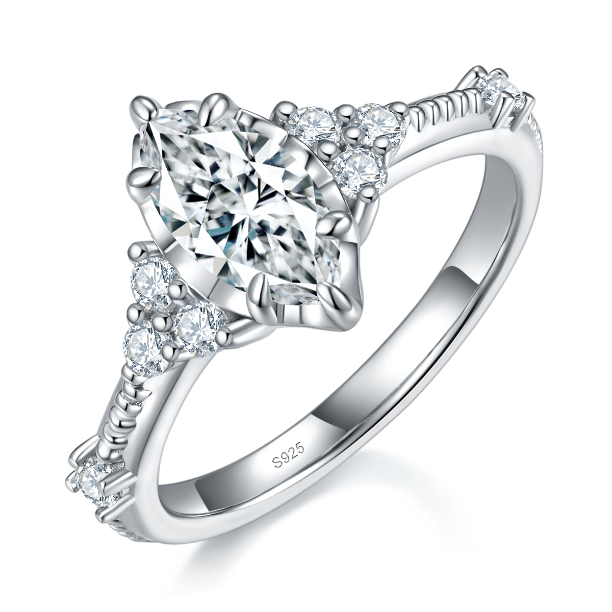 Luxury Marquis Diamond Women's Ring S925 Silver Plated Platinum Customized Selection Main Stone Moissanite 1.0ct/Side Stone Cubic Zirconia